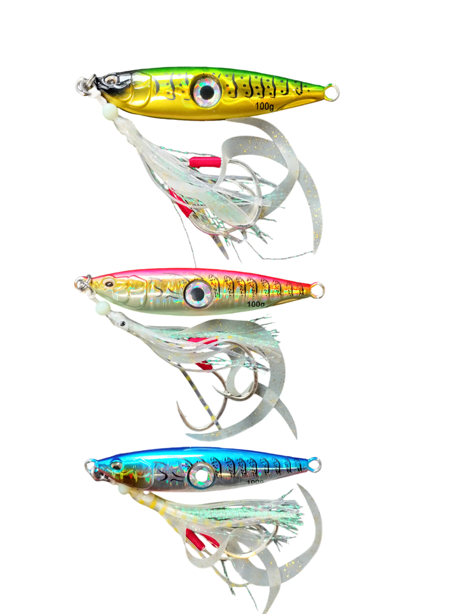 Juicy Bright Eye 100gm in pink blue and green fitted with UV Octopus skirts and size 3 Hooks