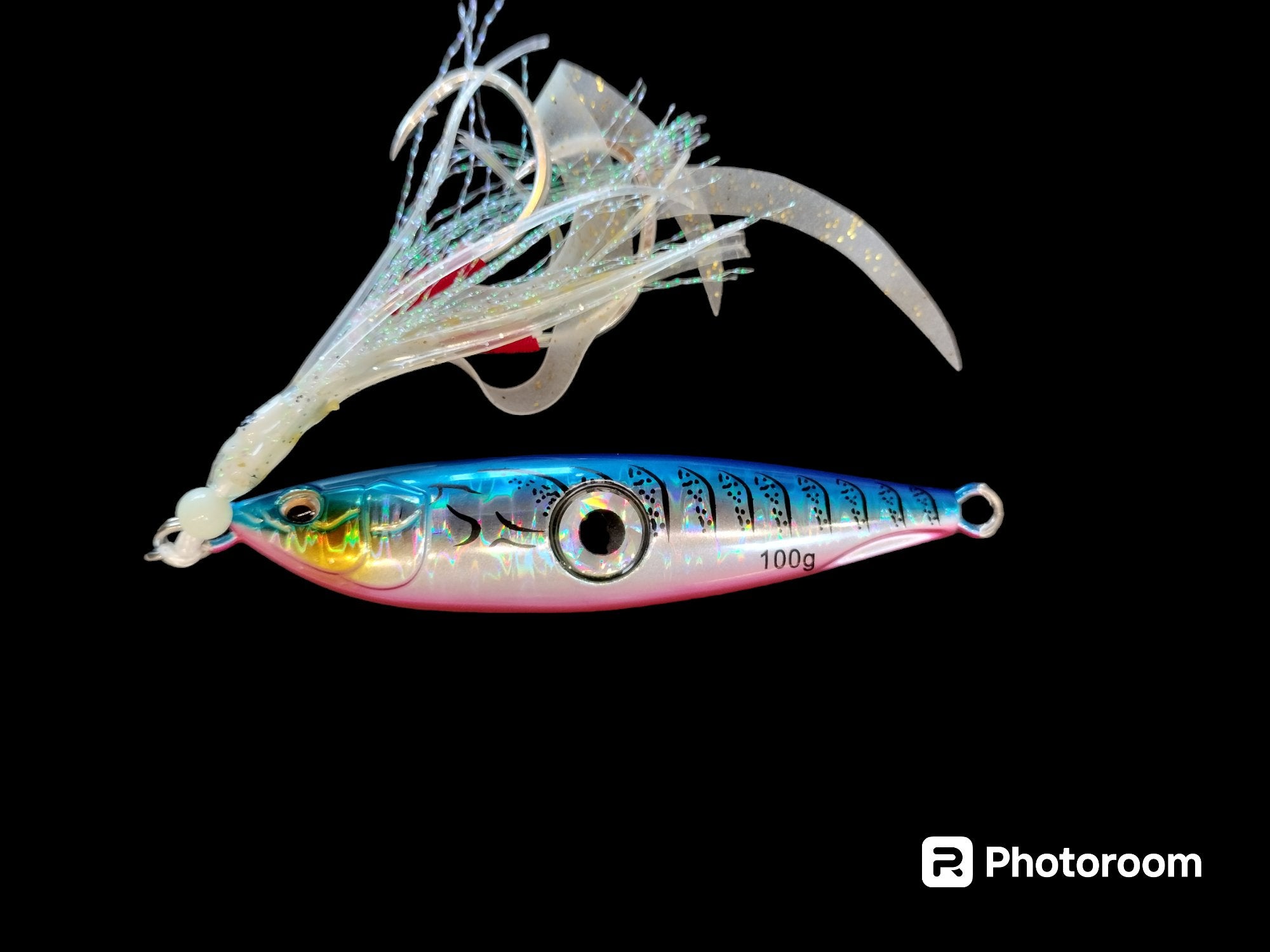 Juicy Bright Eye - 100gm in blue fitted with UV Octopus skirts and size 3 Hooks