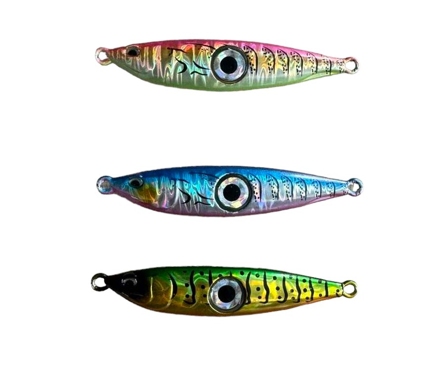 Juicy Bright Eye 100gm in pink blue and green fitted with UV Octopus skirts and size 3 Hooks